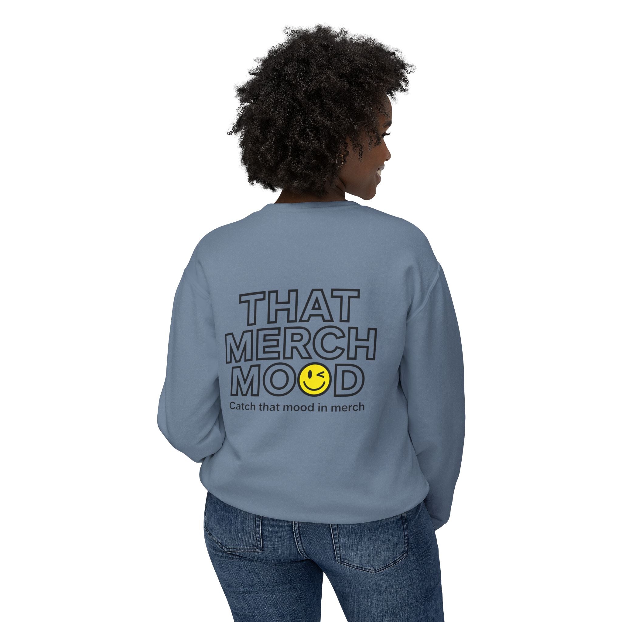 ‘That Merch Mood’ Crewneck Sweatshirt — Graphic Unisex Lightweight Pullover with Smiley