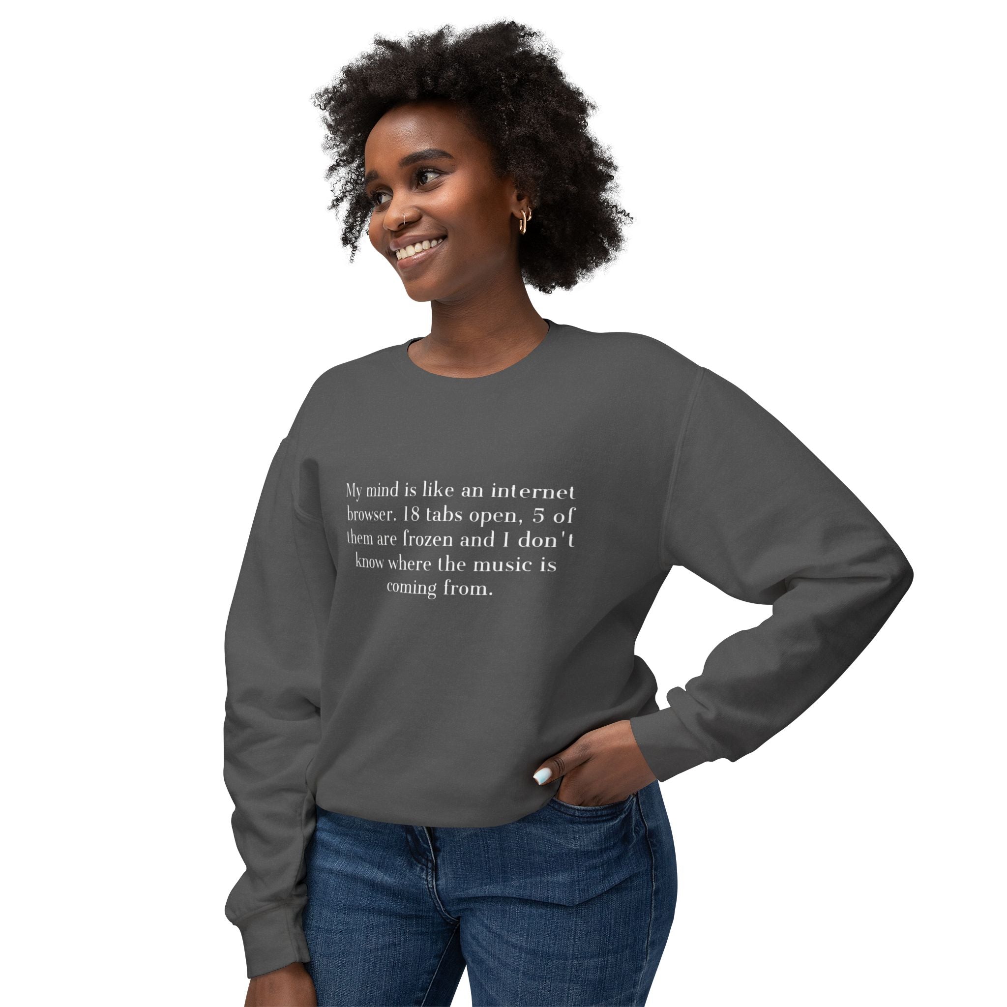 ‘That Merch Mood’ Crewneck Sweatshirt — Graphic Unisex Lightweight Pullover with Smiley