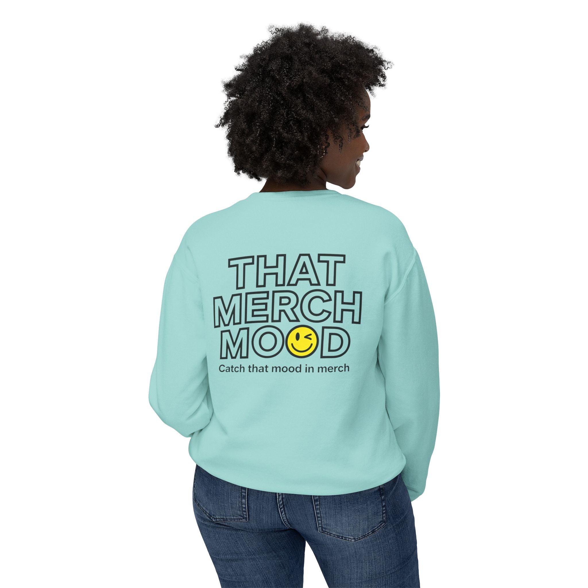 Crewneck Sweatshirt — "That Merch Mood" Smiley Graphic