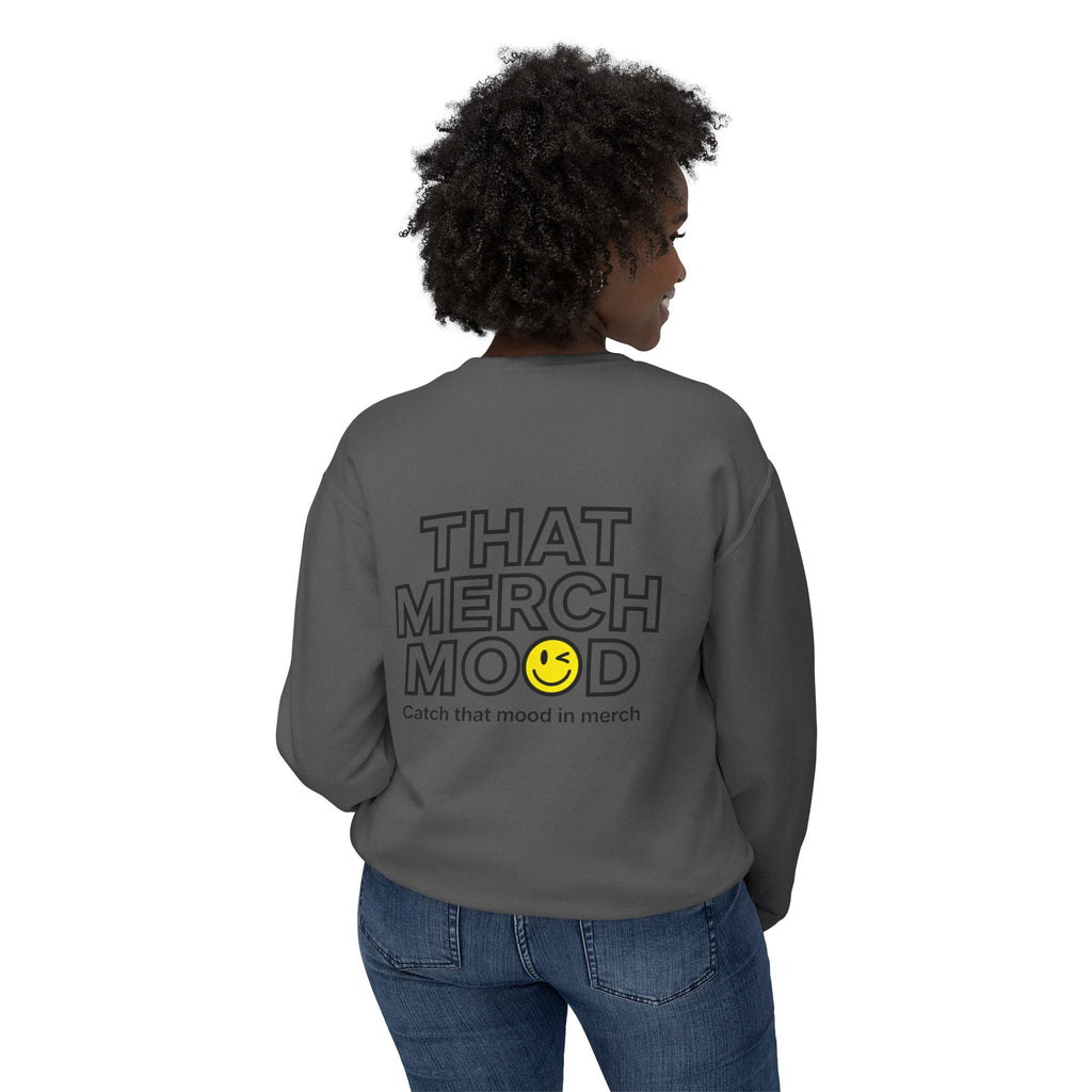 ‘That Merch Mood’ Crewneck Sweatshirt — Graphic Unisex Lightweight Pullover with Smiley
