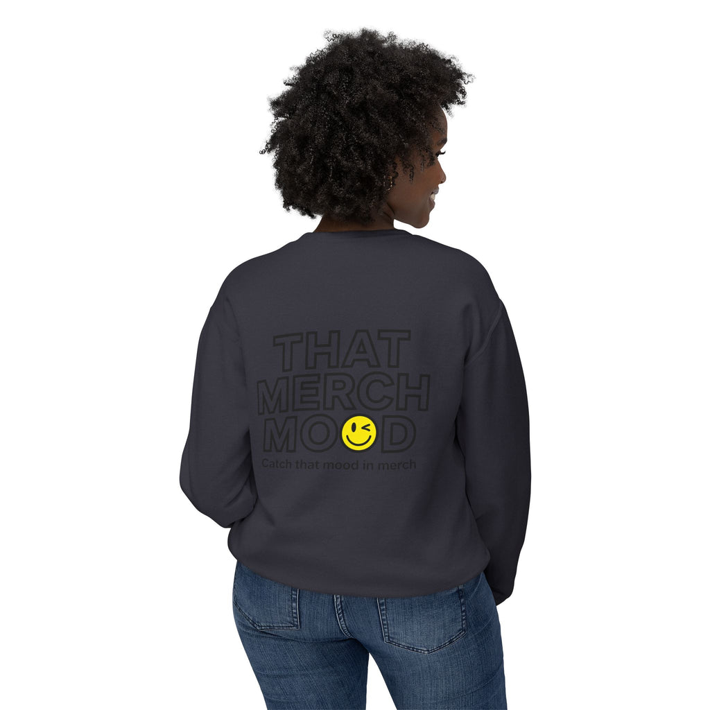 ‘That Merch Mood’ Crewneck Sweatshirt — Graphic Unisex Lightweight Pullover with Smiley
