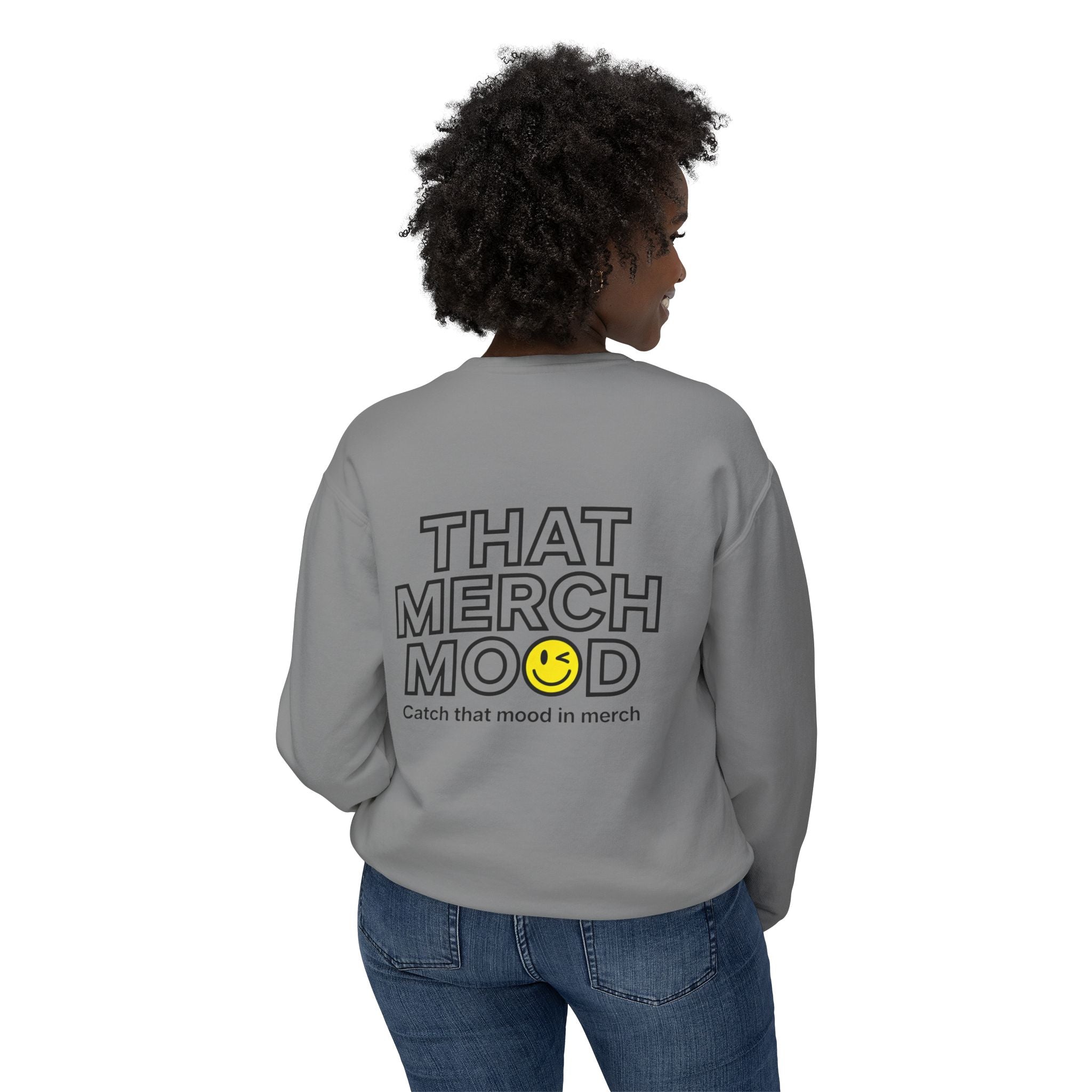 ‘That Merch Mood’ Crewneck Sweatshirt — Graphic Unisex Lightweight Pullover with Smiley